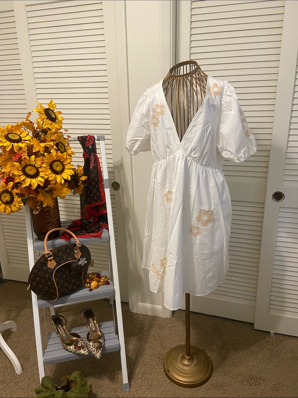 Madewell White Midi Dress with Beige Floral Appliqués